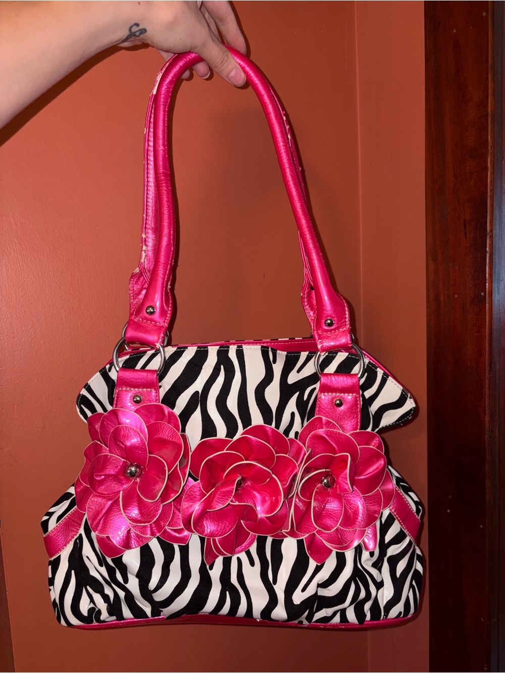 Y2K 2000’s Pink Floral Zebra-Print Shoulder Bag